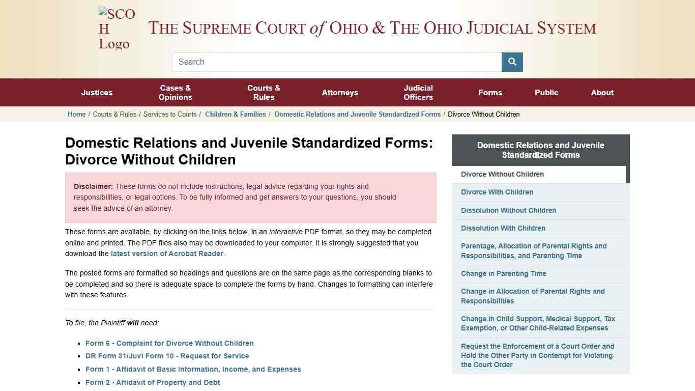 Domestic Relations and Juvenile Standardized Forms: Divorce Without Children » Supreme Court of Ohio